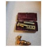 Antique Brass Gauge Set in Ornate Floral Case - pipe and razor kit