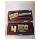 Antique Brass Gauge Set in Ornate Floral Case - pipe and razor kit