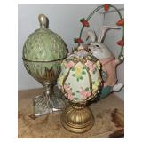 Fitz and Floyd Porcelain Bunny Figurine Set in Lidded Garden Jar music boxes - Vintage