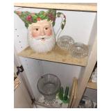 Vintage Santa Head Ceramic Pitcher - Wreath Crown & Assorted Glassware