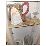 Vintage Santa Head Ceramic Pitcher - Wreath Crown & Assorted Glassware