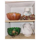 Assorted Glass & Ceramic Decor - Floral Vase, Teapot, Amber Bowl & Green Bowl (Lot of 4)