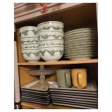 Assorted Green Pattern Ceramic Dinnerware Set - Bowls, Plates, Mugs, Cake Stand & Tile