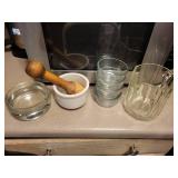 Assorted Kitchen Glassware - Mortar and Pestle, Glass Bowls & Pitcher