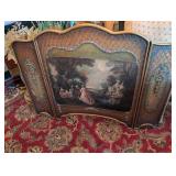 Antique-Style Three-Panel Fireplace Screen With Painted Scenic Panel And Ornate Border