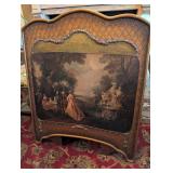 Antique-Style Three-Panel Fireplace Screen With Painted Scenic Panel And Ornate Border