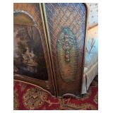 Antique-Style Three-Panel Fireplace Screen With Painted Scenic Panel And Ornate Border