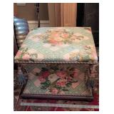 Vintage Floral Tapestry Settee with Tassel Fringe and Rich Wood Base