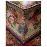 Vintage Floral Tapestry Settee with Tassel Fringe and Rich Wood Base