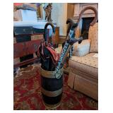 Ornate Umbrella Stand with Floral Embossed Band and Rope Accents, includes 2 canes and umbrellas