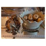 Antique Ice-Cracked Glaze Crackle-Glaze Ceramic piece with Scalloped "Crown" Edge, Cherub Angels on Ornate Metal Base
