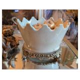 Antique Ice-Cracked Glaze Crackle-Glaze Ceramic piece with Scalloped "Crown" Edge, Cherub Angels on Ornate Metal Base