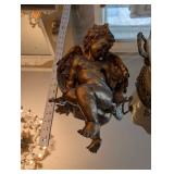 Antique Ice-Cracked Glaze Crackle-Glaze Ceramic piece with Scalloped "Crown" Edge, Cherub Angels on Ornate Metal Base