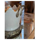 Antique Ice-Cracked Glaze Crackle-Glaze Ceramic piece with Scalloped "Crown" Edge, Cherub Angels on Ornate Metal Base