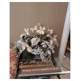 Decorative Floral Arrangement in Clear Crystal Vase and two decorative signs