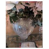 Decorative Floral Arrangement in Clear Crystal Vase and two decorative signs