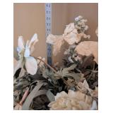 Decorative Floral Arrangement in Clear Crystal Vase and two decorative signs