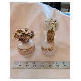 West Germany Made Perfume Bottle Pair With Floral Caps - Porcelain & Gold Filigree