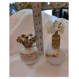 West Germany Made Perfume Bottle Pair With Floral Caps - Porcelain & Gold Filigree