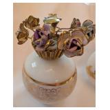 West Germany Made Perfume Bottle Pair With Floral Caps - Porcelain & Gold Filigree