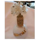 West Germany Made Perfume Bottle Pair With Floral Caps - Porcelain & Gold Filigree