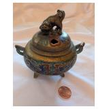 Chinese Cloisonne Foo-Dog Lid Censer on 3-Legged Base with Multicolor Enamel
