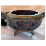 Chinese Cloisonne Foo-Dog Lid Censer on 3-Legged Base with Multicolor Enamel