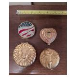 Assorted Vintage Metal Compacts - Sunburst, Heart Rhinestone, Flag Enamel & Pink Ribbon (Lot of 4)