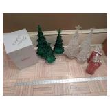 Crystal Glass Christmas Tree Figurines Emerald Green & Clear and Neimen Marcus Holiday Snowglobe