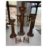 Pair Lucite Acrylic and Brass Tone Candlesticks 11.5 In Hollywood Regency