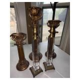Pair Lucite Acrylic and Brass Tone Candlesticks 11.5 In Hollywood Regency