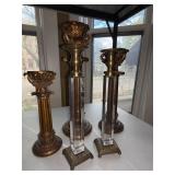 Pair Lucite Acrylic and Brass Tone Candlesticks 11.5 In Hollywood Regency