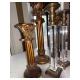 Pair Lucite Acrylic and Brass Tone Candlesticks 11.5 In Hollywood Regency