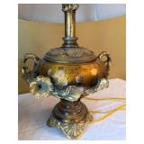 Vintage Amber Glass Urn Table Lamp Gilt Floral Mounts w Shade 24in