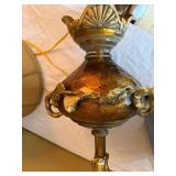 Vintage Amber Glass Urn Table Lamp Gilt Floral Mounts w Shade 24in