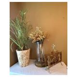 Tall Decorative Glass Floor Vase w Faux Floral Arrangement 34in