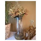 Tall Decorative Glass Floor Vase w Faux Floral Arrangement 34in