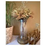 Tall Decorative Glass Floor Vase w Faux Floral Arrangement 34in