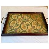Vintage Wood Serving Tray Floral Under Glass Brass Handles Decor