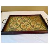 Vintage Wood Serving Tray Floral Under Glass Brass Handles Decor