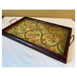 Vintage Wood Serving Tray Floral Under Glass Brass Handles Decor