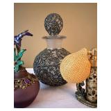 Vintage Vanity Perfume Bottle Lot Filigree Atomizer Jeweled Glass 3 Pc