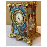 Vintage French Gilt Scenic Table Carriage Clock Hand Painted Enamel Panels 6.5 In