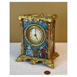 Vintage French Gilt Scenic Table Carriage Clock Hand Painted Enamel Panels 6.5 In