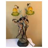 Art Nouveau Style Figural Table Lamp Dancing Couple 2 Light Glass Shades