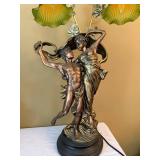 Art Nouveau Style Figural Table Lamp Dancing Couple 2 Light Glass Shades