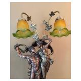 Art Nouveau Style Figural Table Lamp Dancing Couple 2 Light Glass Shades