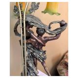 Art Nouveau Style Figural Table Lamp Dancing Couple 2 Light Glass Shades