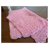 Handmade Pink Knitted Baby Blanket Openwork Scalloped Edge Throw