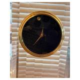 Movado Lucite Desk Clock Swiss Quartz Gold Tone Black Dial 6in